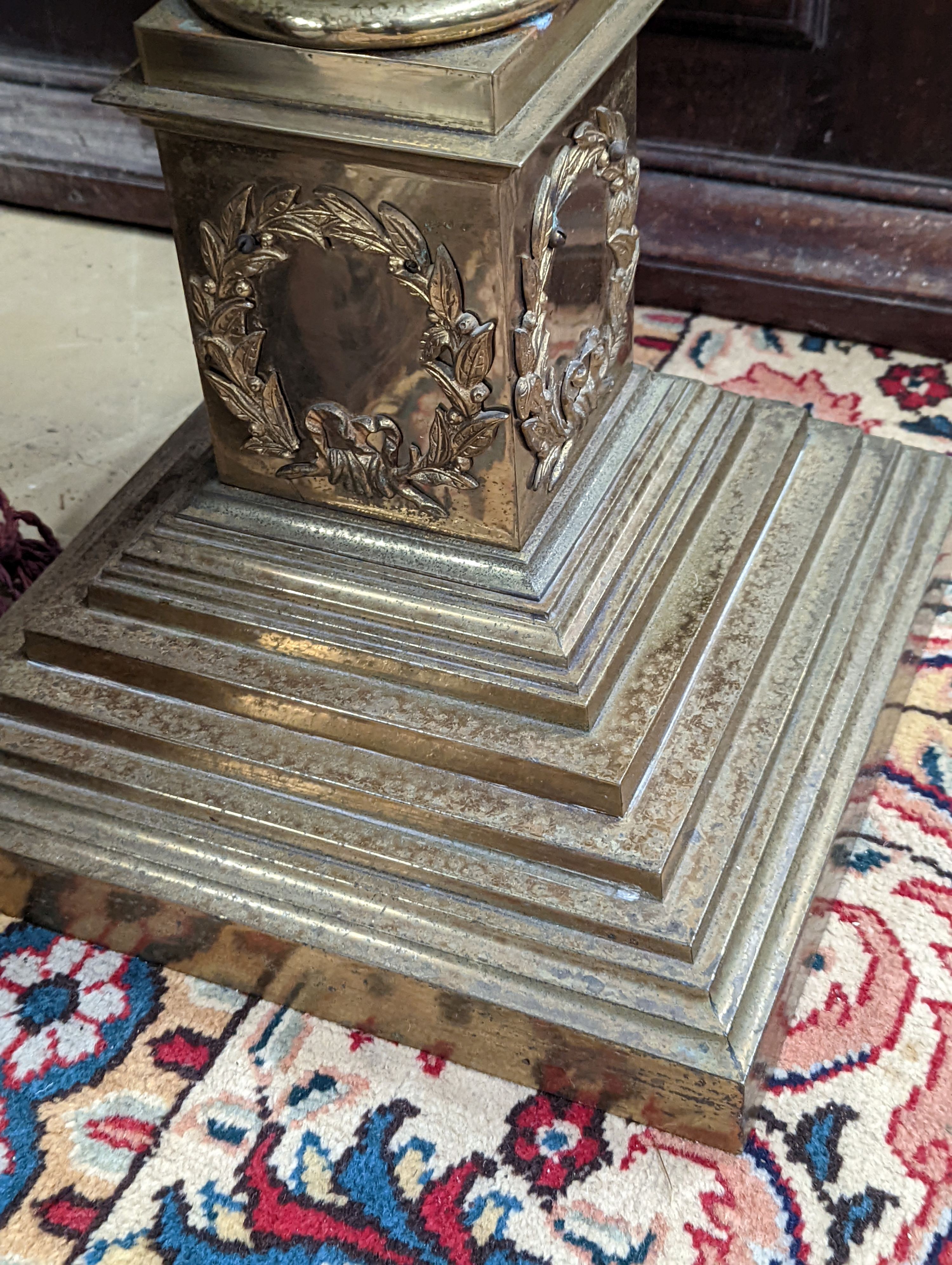 A late Victorian lacquered brass corinthian column oil lamp standard, converted to electricity, height excluding shade 144cm